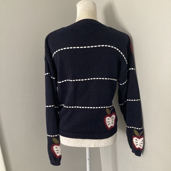 Vintage Christopher & Banks Hand Embroidered Apple Teacher Cardigan Navy Small - Picture 3 of 11